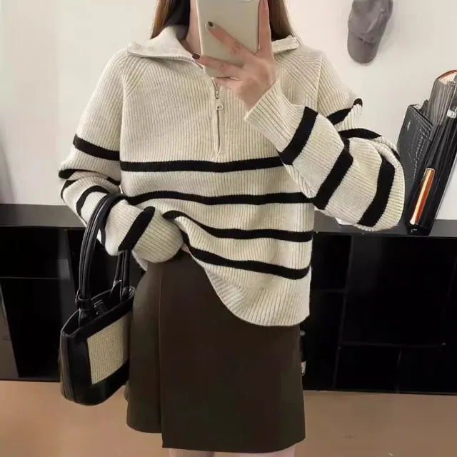 Casual Half Zipper And Lapel Coat Women's Striped Long sleeved Sweater Black - Shop at LoveMi