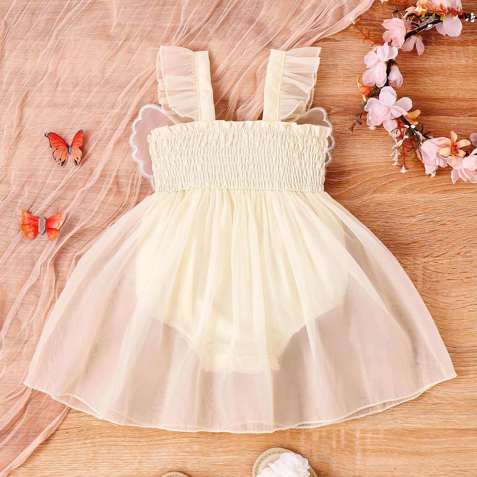 Baby Girl Smocking Sling Butterfly Mesh Baby's Gown