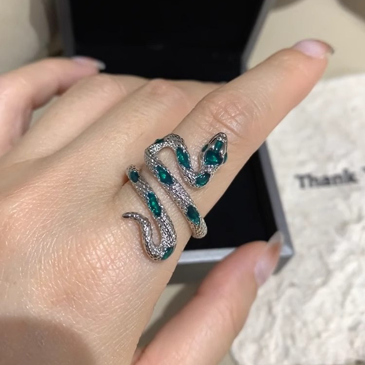 S925 Sterling Silver Emerald Diamond Snake Ring Irregular Winding