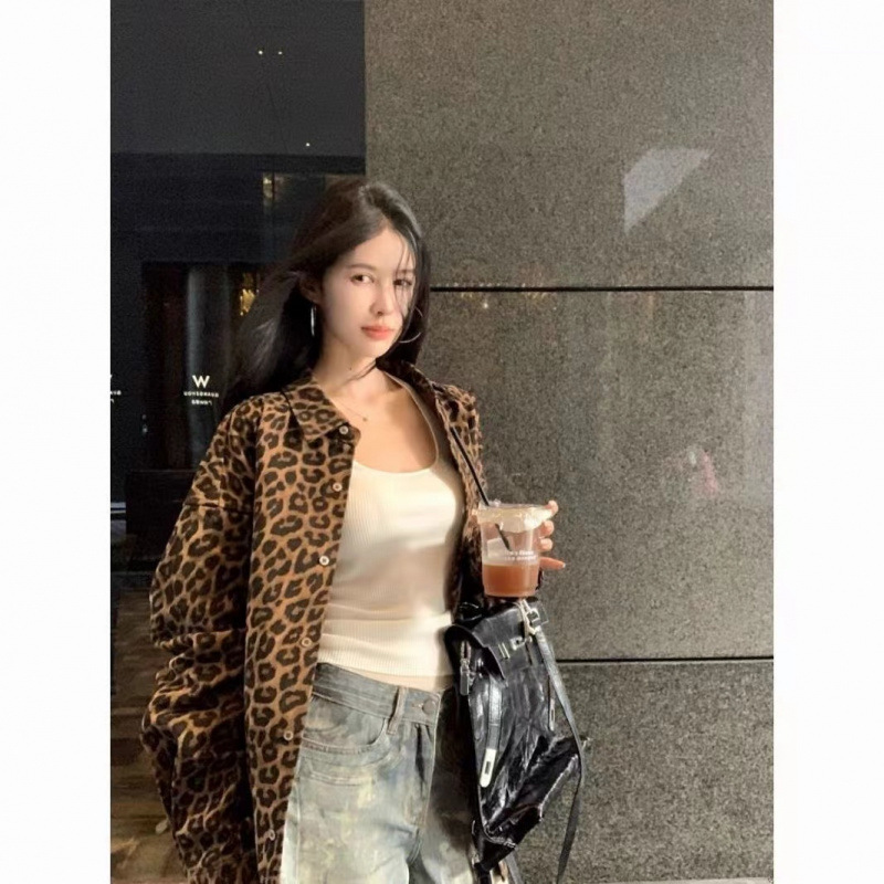 Womens Retro Leopard-Print Lapel Long-Sleeve Coat