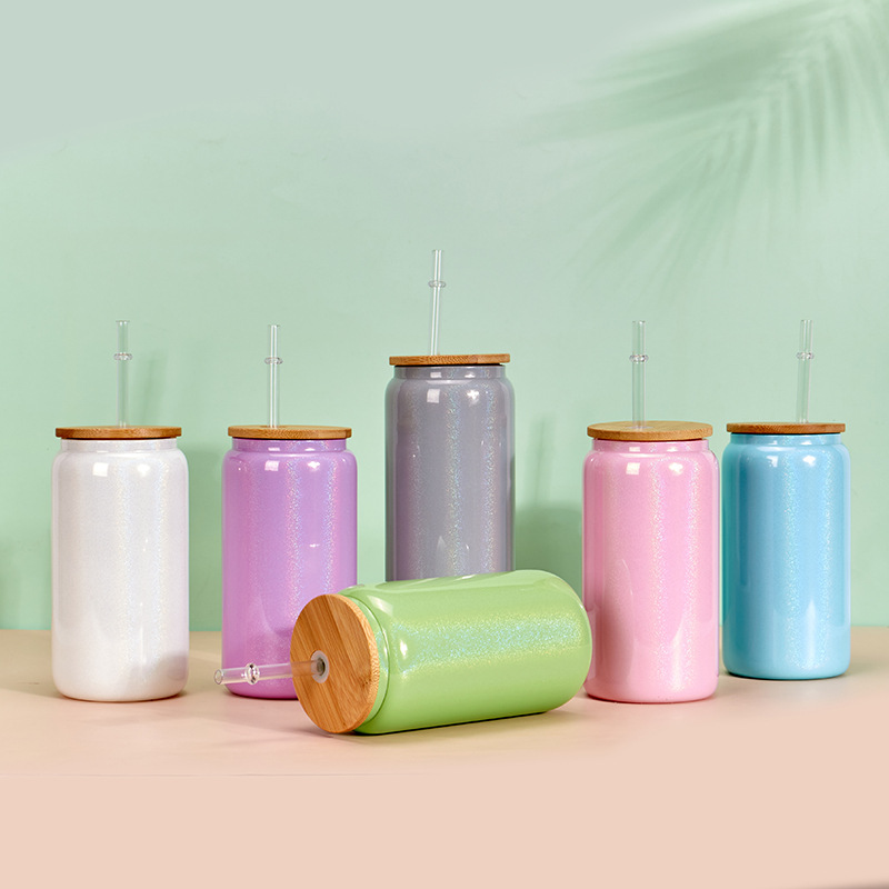 In-stock 16oz high borosilicate cola coffee cup milk tea glass cup bamboo lid straw colorful mason jar