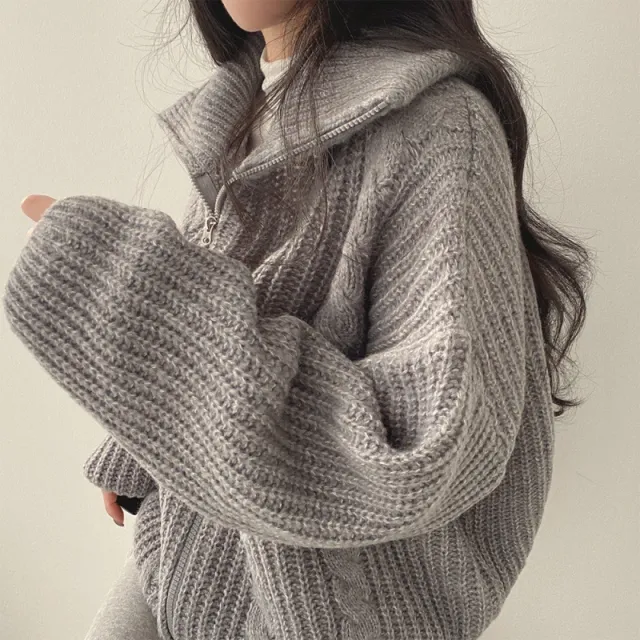 Idle Style Lapel Double headed Zipper Design Loose All match Long Sleeve Light Gray - Shop at LoveMi