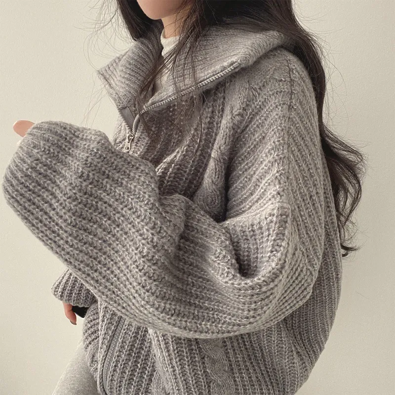 Idle Style Lapel Double-headed Zipper Design Loose All-match Long Sleeve - Light Grey