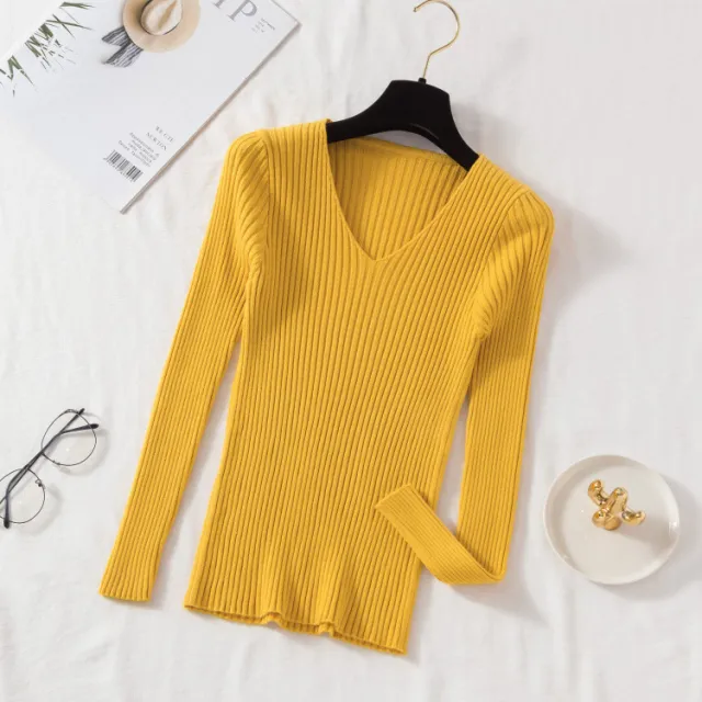 New V neck Long Sleeve Base Knitting Autumn All matching Slim Fit Tight Pullover Sweater Yellow - Shop at LoveMi