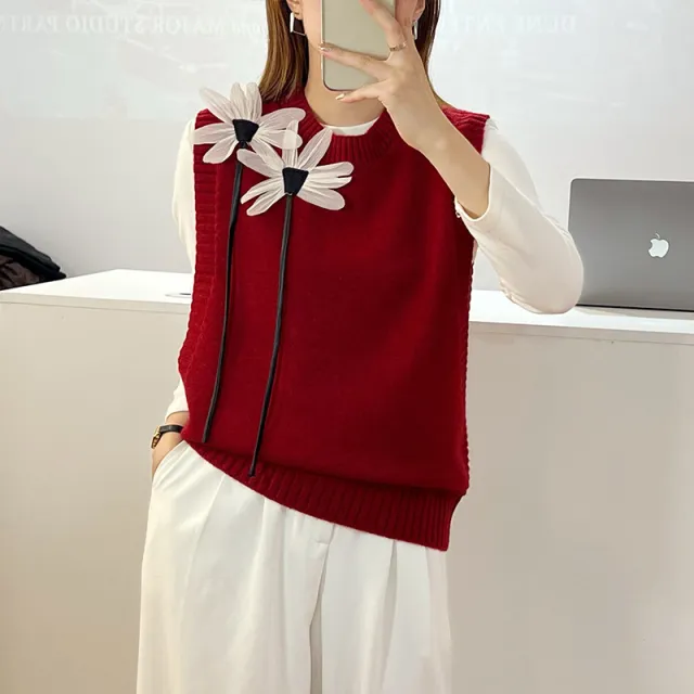 Women's Round neck Loose Knitted Sweater Vest Wine Red - Shop at LoveMi