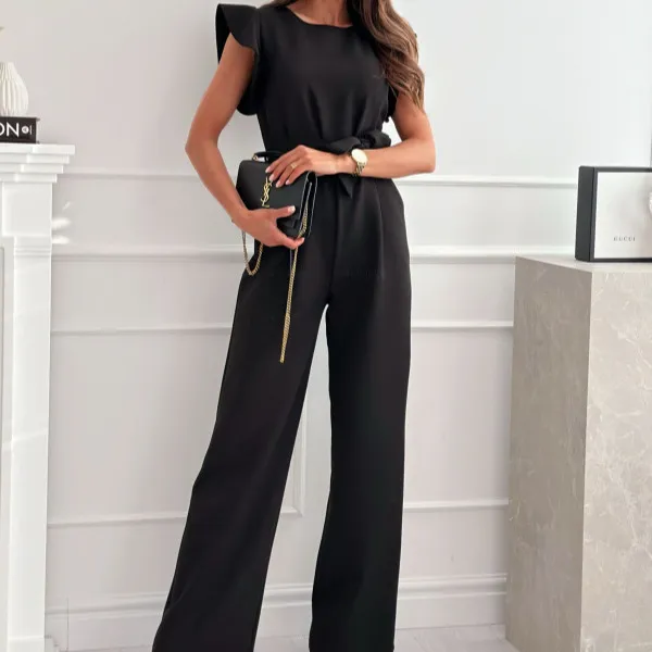 Commuter Waist Trimming Lace Up Jumpsuit High Waist Women Black - Shop at LoveMi