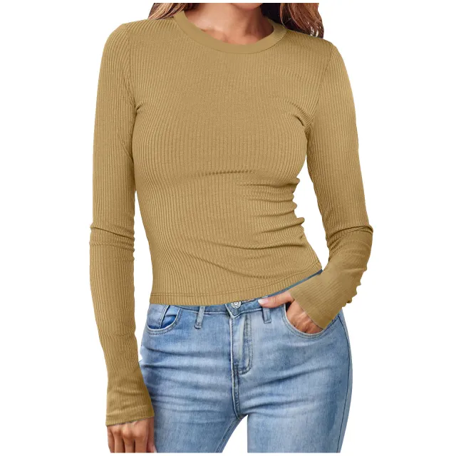Spring New Women's European And American Round Neck Long Sleeve Sunken Stripe Short Solid Color Top T shirt For Women Khaki - Shop at LoveMi