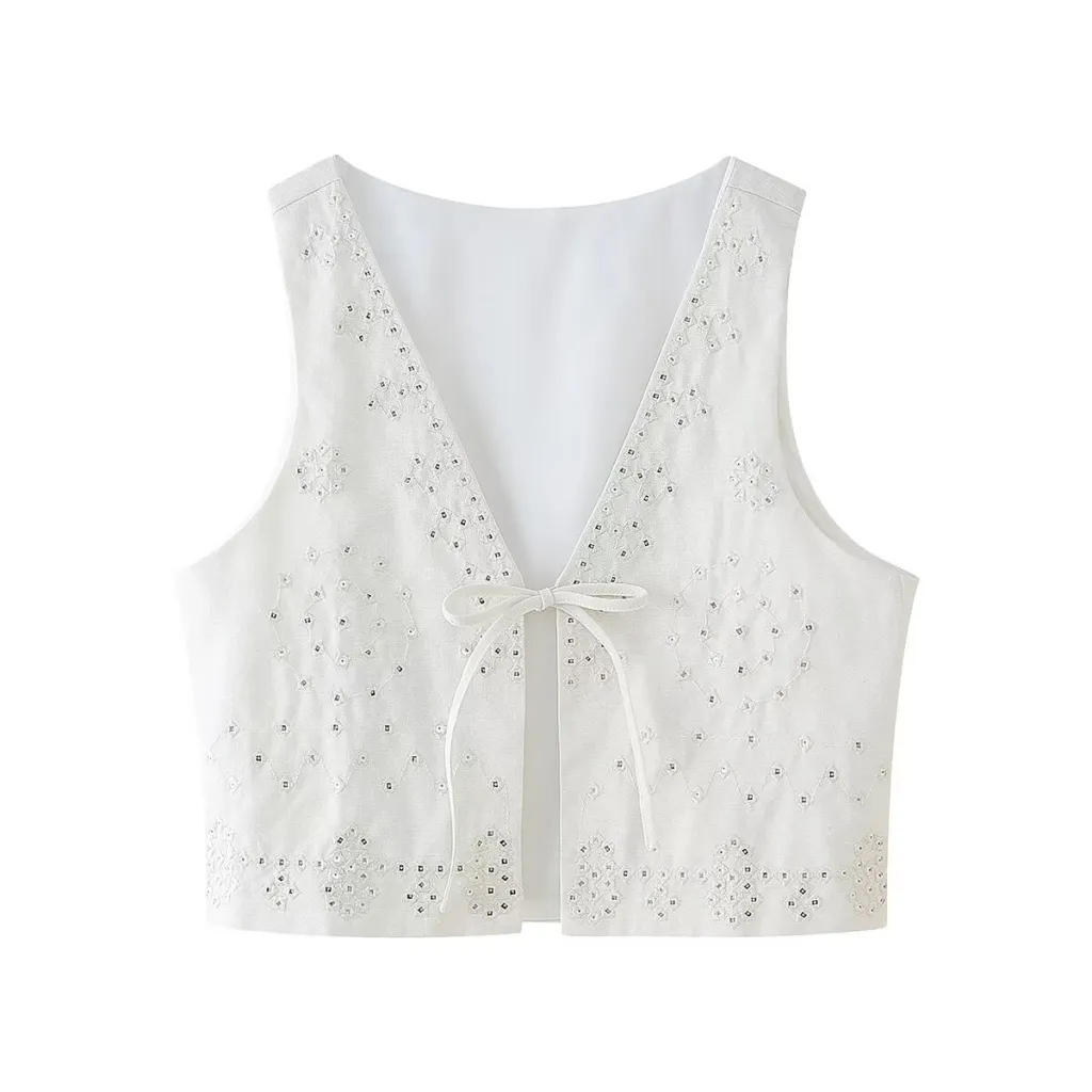 Personalized Fashionable Sequins Embroidered Waistcoat Vest Coat - White Vest