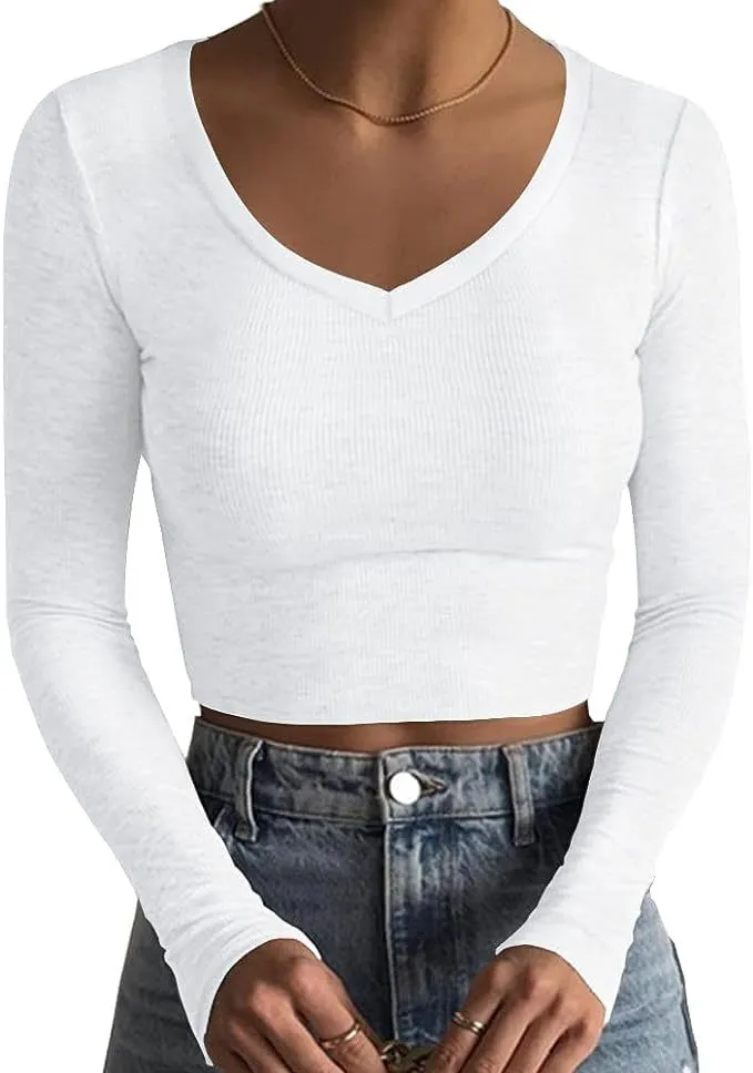 V-neck Cropped Rib Knitted Slim T-shirt Basic - White