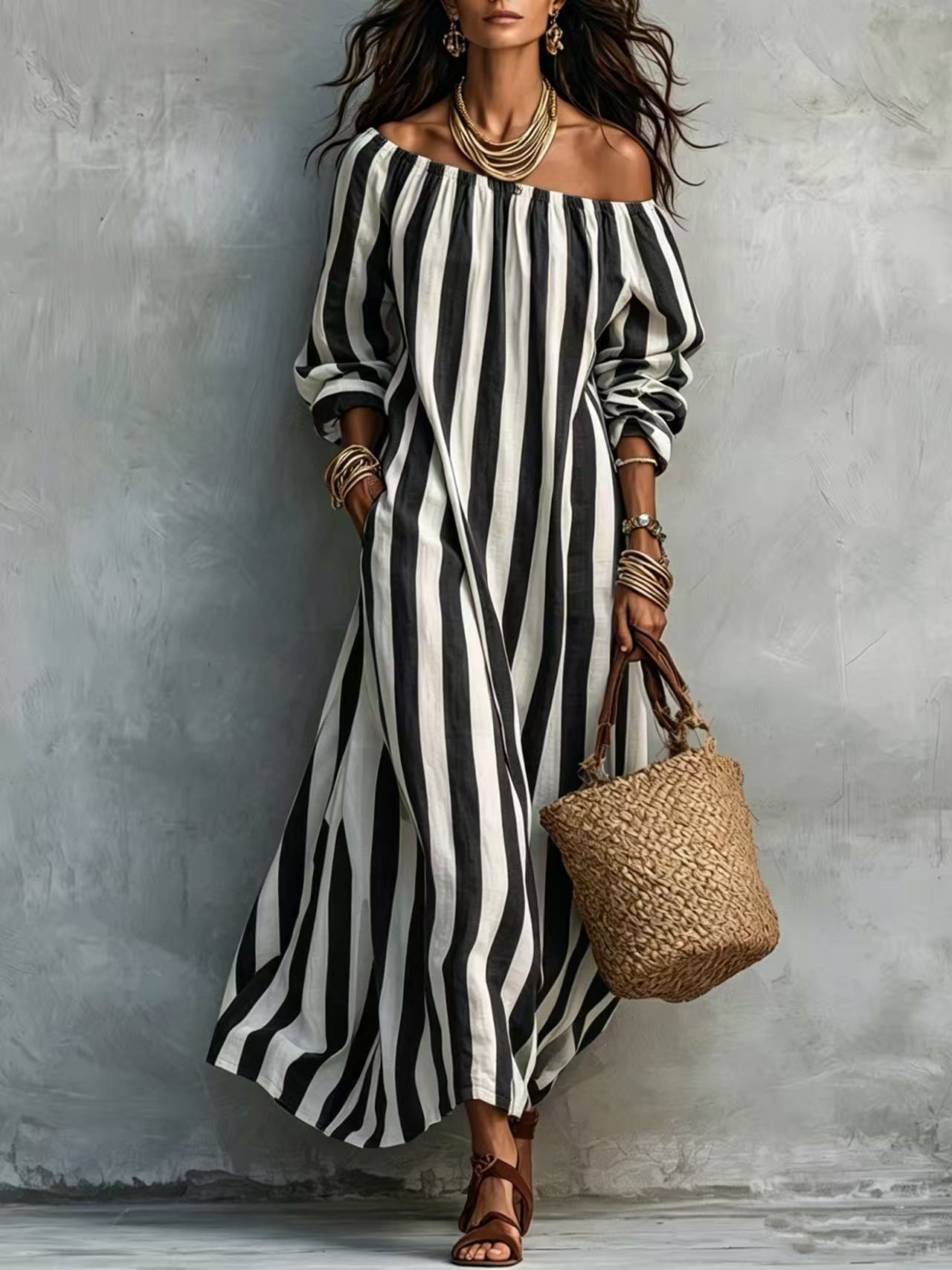 Striped Off Shoulder Vacation Dress