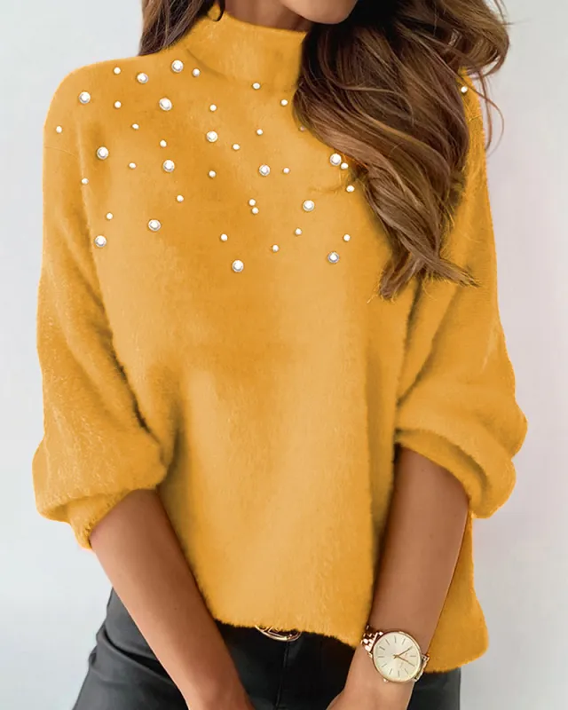 European And American Women's Clothing Beaded Turtleneck Long sleeved Top Yellow - Shop at LoveMi