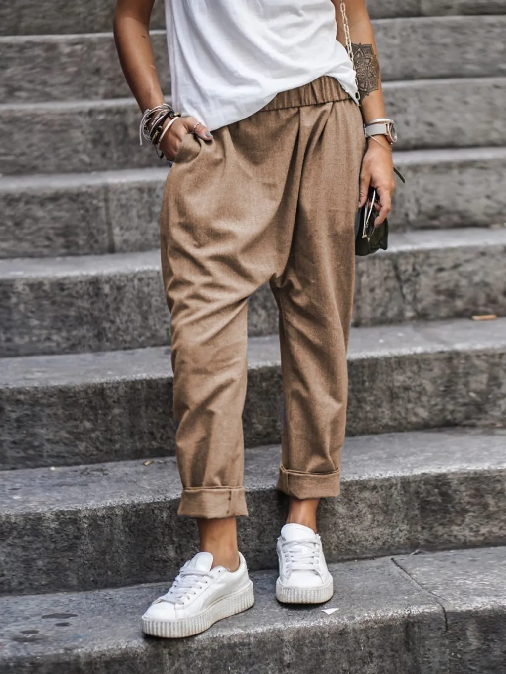 Women's Casual Pants With Pockets Elastic High Waist Harem Trousers Fashion Streetwear Clothing - Khaki