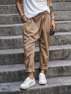 Women's Casual Pants With Pockets Elastic High Waist Harem Trousers Fashion Streetwear Clothing - Khaki - View 1