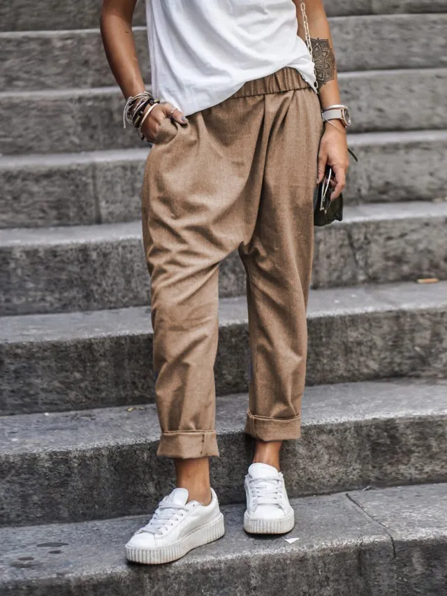 Women's Casual Pants With Pockets Elastic High Waist Harem Trousers Fashion Streetwear Clothing Khaki - Shop at LoveMi