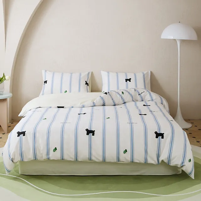 New All cotton Printed Four piece Set Bed Blue Stripes With Dog - Shop at LoveMi