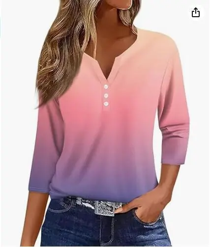 Women's T shirt V neck Half open Tube Three button Printed 34 Sleeves Top 59 Style 2Xl - Shop at LoveMi