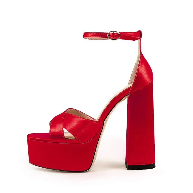 Waterproof Platform Thick Heel Ankle strap Buckle High Heels Red - Shop at LoveMi