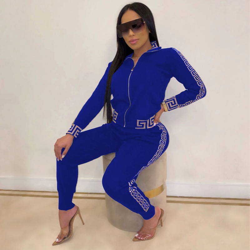Fashionable Casual Printed Zip-up Patchwork Leisure Set