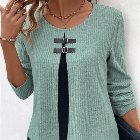Sunken Stripe Fake Two Pieces Leather Ring Design Long Sleeve Knitted Green - Shop at LoveMi