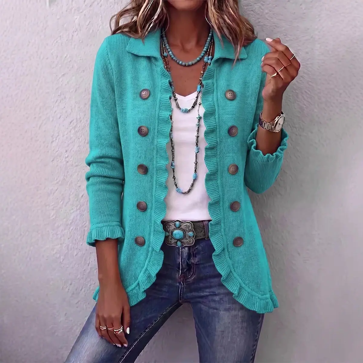 Womens Solid-Color Long-Sleeve Ruffled Knit Cardigan
