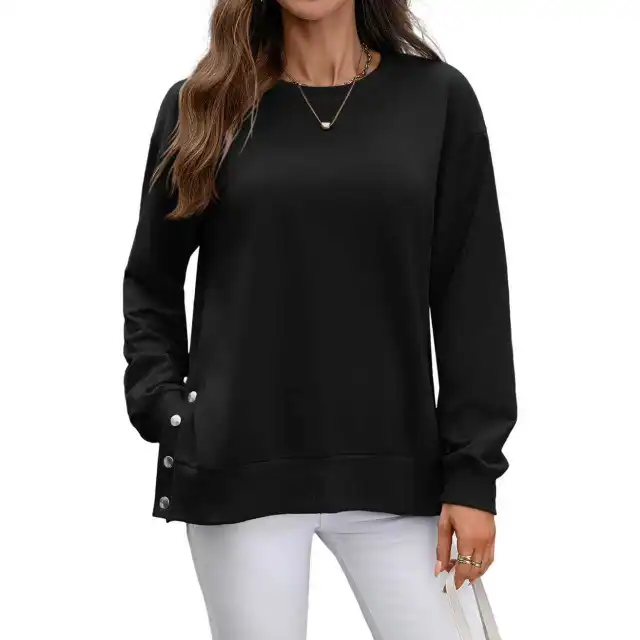 European And American Autumn And Winter Solid Color Long sleeved Top Women Black - Shop at LoveMi