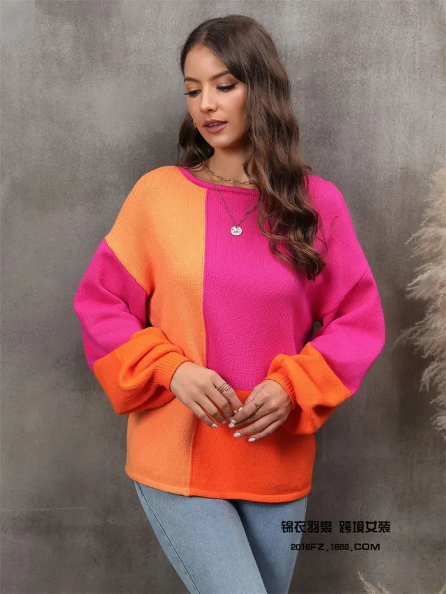 Stitching Fashion Personalized Knitted Loose Pullover Rose - Shop at LoveMi