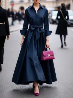 Solid Color Maxi Dress Lace-up Windbreaker Skirt - Blue - View 1