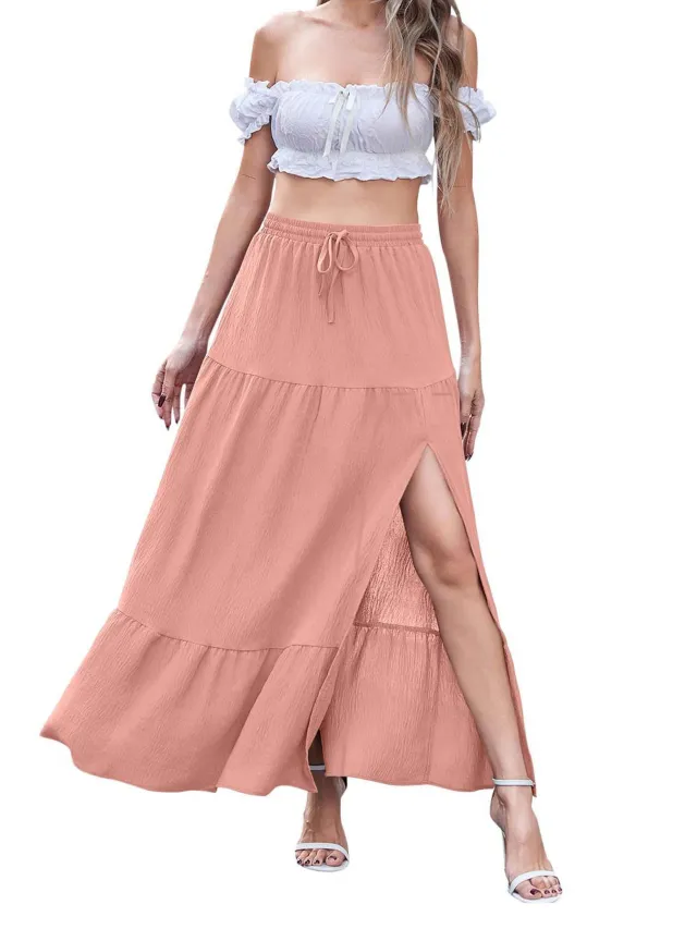 Women's Bohemian Solid Color Side Slit Skirt Peach - Shop at LoveMi
