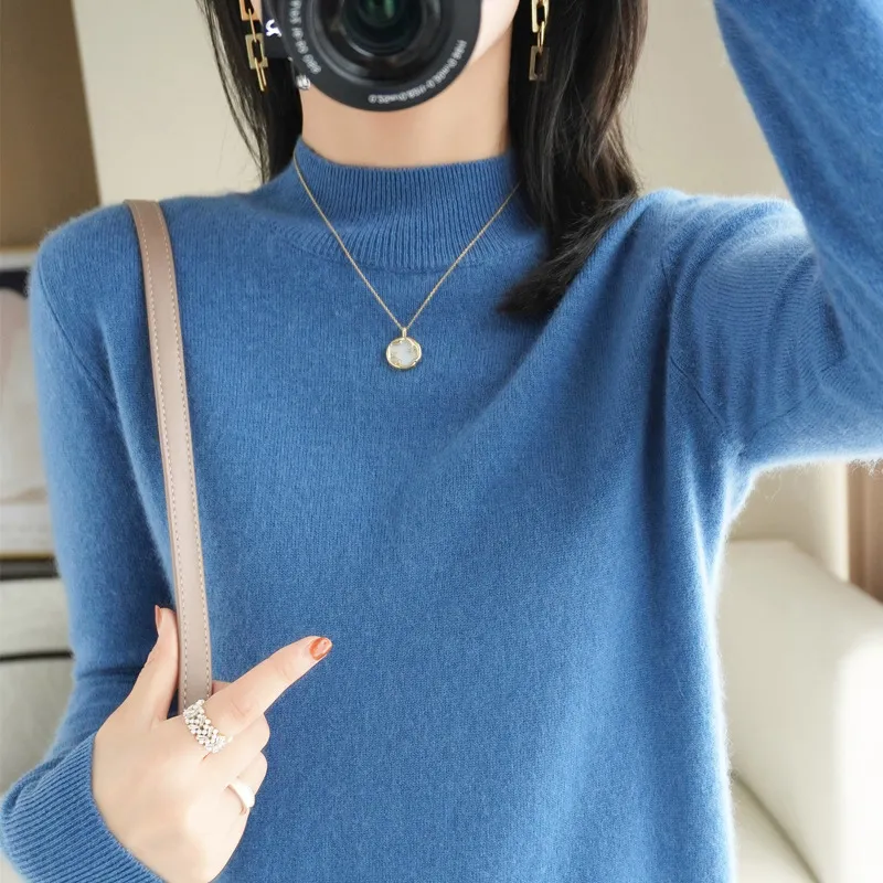 New Half Turtleneck Knitted Pullover Sweater Top For Women - Haze Blue