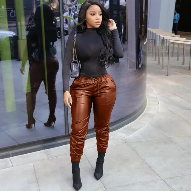 Basic Women's All match PU Leather Pants Brown - Shop at LoveMi