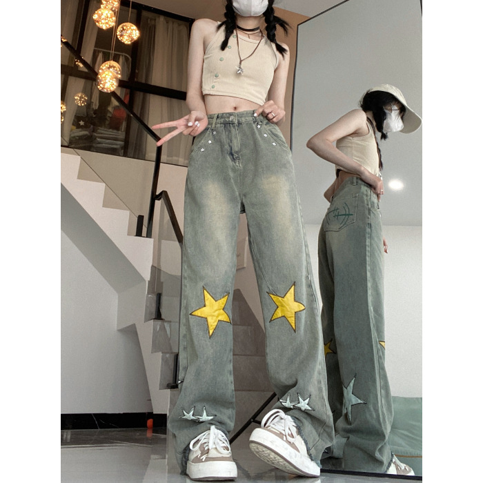 Women's Embroidered Jeans Plus Size High Waist Straight Pants Yellow - Shop at LoveMi