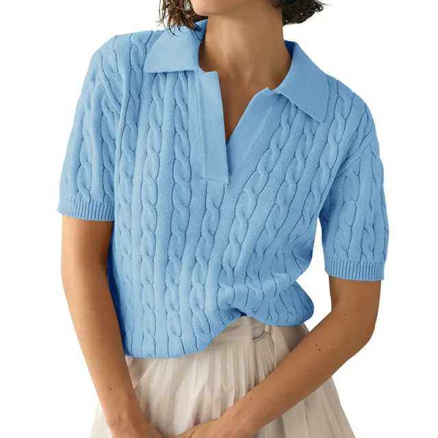 Women's Polo Collar Short sleeved Knitted Sweater Casual Sweater Pullover Solid Color Fashion Soft Lapel V Neck Knitted Top Y2K Blue - Shop at LoveMi