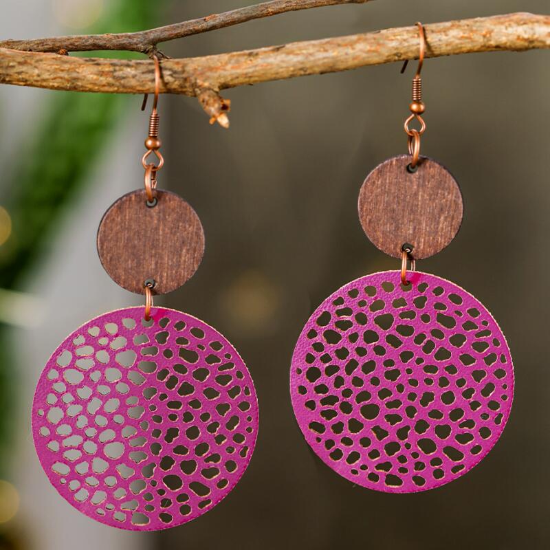 Bohemian Style Stitching Wooden Disc-shaped Earrings European And American Retro Hollow Leather Earrings