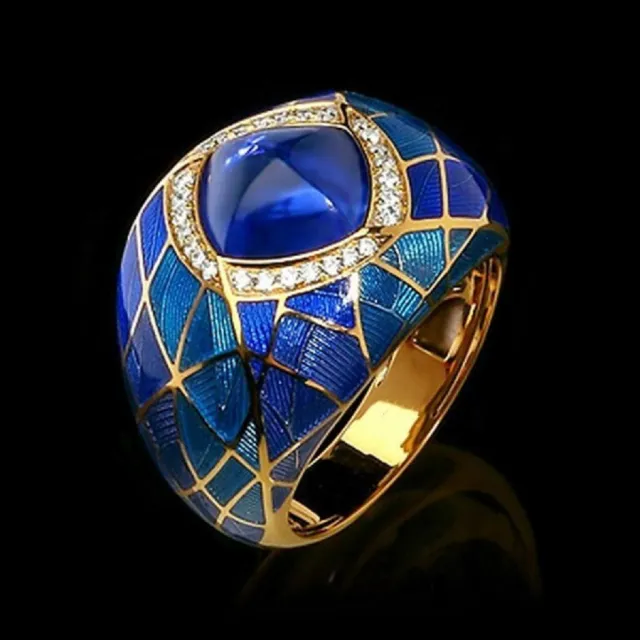 Fashion Blue Gem Inlaid Zirconium Rhinestone Ring Vintage Dripping Oil Blue - Shop at LoveMi