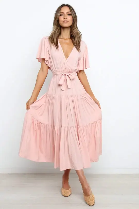 V-neck Commuter Printed Short Sleeve Waist-controlled Dress