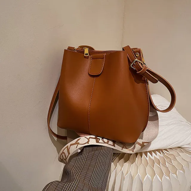 French Minority Design Simple Wide Shoulder Strap Bucket Bags Female Coffee - Shop at LoveMi
