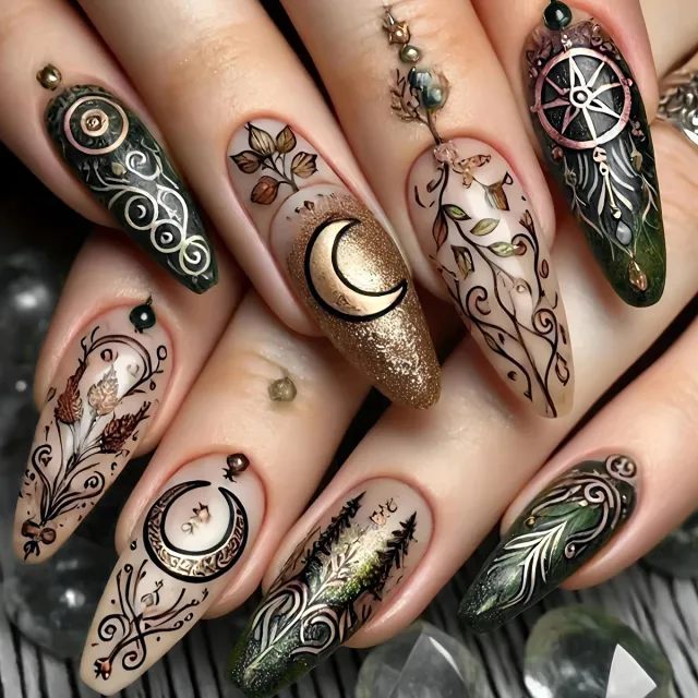 Retro Moon Leaves Nail Tips European And American Wear Nail Piece Middle Style Olive Green W89 - Shop at LoveMi