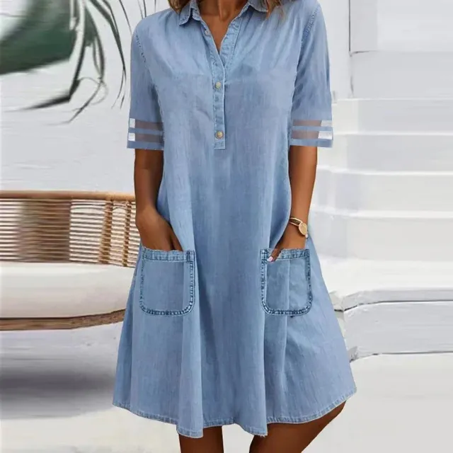 Mesh Stitching Solid Color Denim Short Sleeve Dress Dress Light Blue - Shop at LoveMi