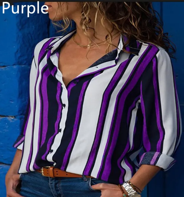 Contrast Color Striped Long Sleeve Multi color Shirt Women's Top Purple - Shop at LoveMi