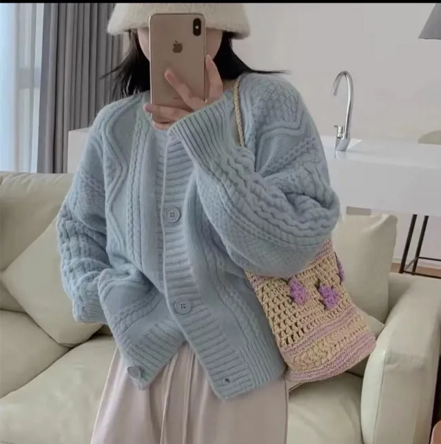 Twist Knitted Cardigan Jacket Design Sense Blue - Shop at LoveMi