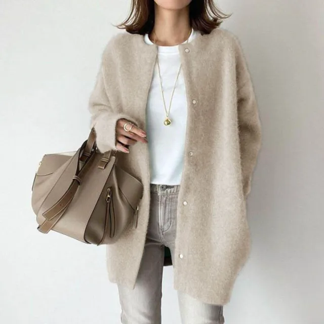 Loose Round Neck Single Breasted Cardigan Fashion Solid Color Coat Jacket Autumn And Winter Women's Clothing Beige Apricot Knitted Material - Shop at LoveMi