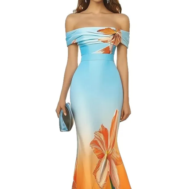Women's Pure Desire Style Three dimensional Gradient Flower Fishtail Sheath Dress Sky Blue - Shop at LoveMi