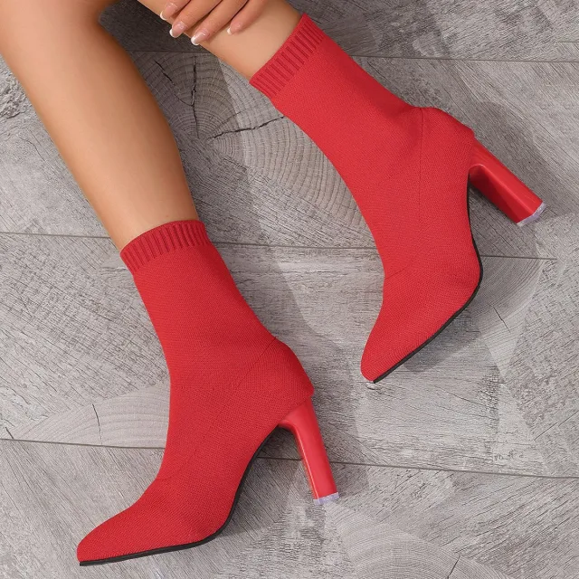 New Winter Fashion Minimalist Chunky heeled Knitted Suede Ankle Boots With Pointed Toes For Women Red - Shop at LoveMi