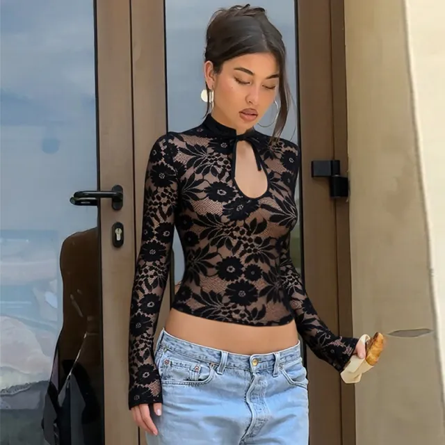 Chic, Sexy Lace Sheer Top With Long Sleeves And Lace up Detailing Black - Shop at LoveMi