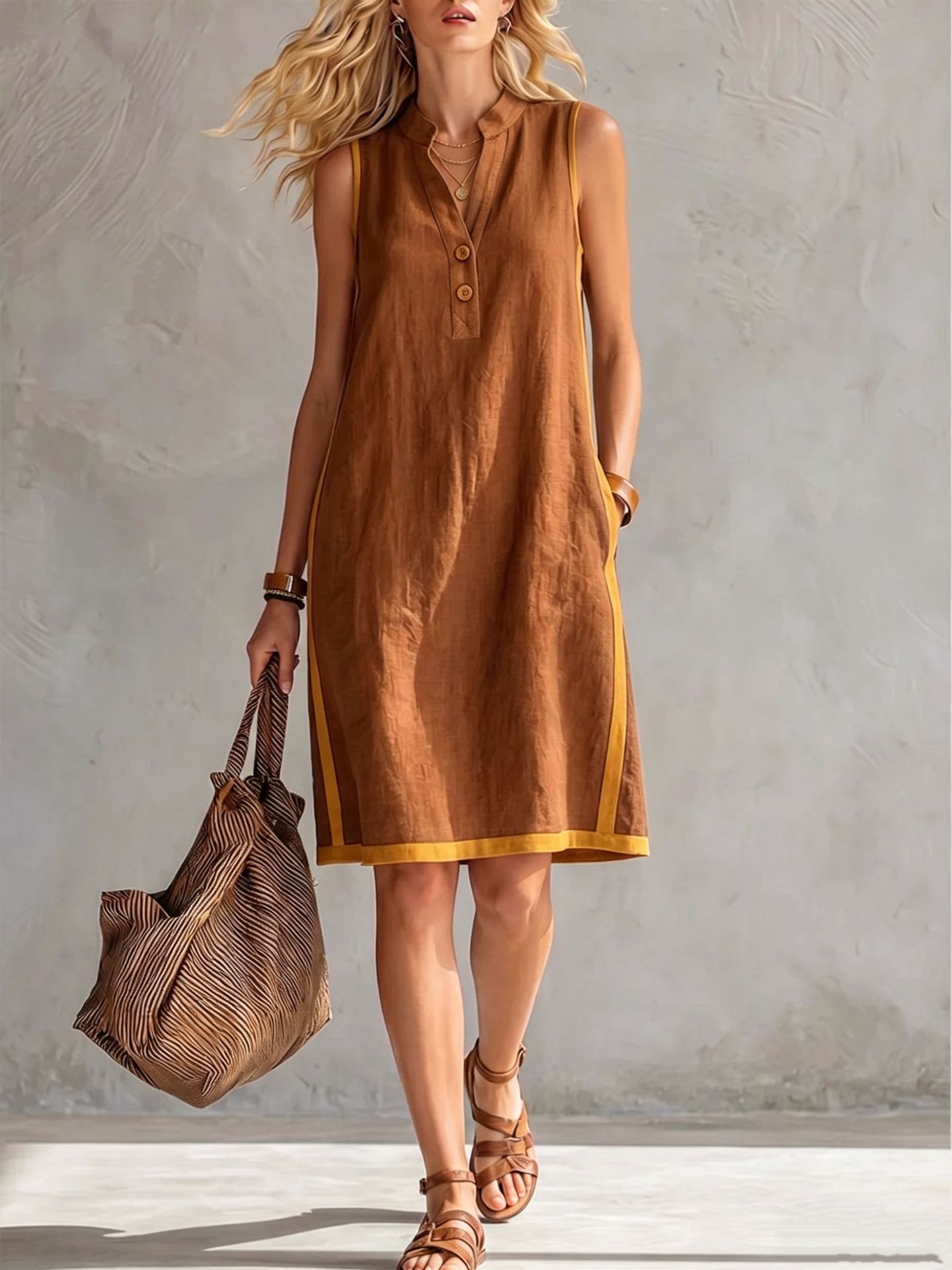 Women's sleeveless button-front dress in sky blue, casual lifestyle photo