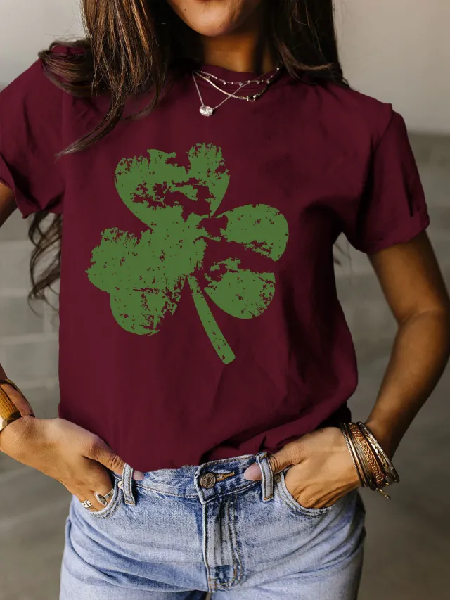 Fragment Clover Simple Short Sleeve Round Neck Women Red - Shop at LoveMi