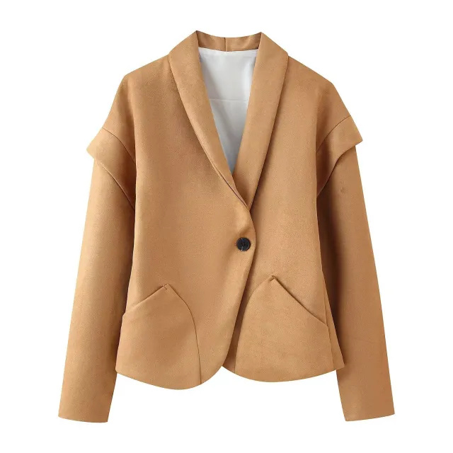 Suede Single Button Neckline Suit Jacket Khaki - Shop at LoveMi