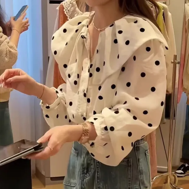 Womens Relaxed fit Polka dot Single breasted Casual Shirt Beige - Shop at LoveMi