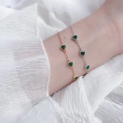 French Retro S925 Sterling Silver Three Lovely Emerald Gemstone
