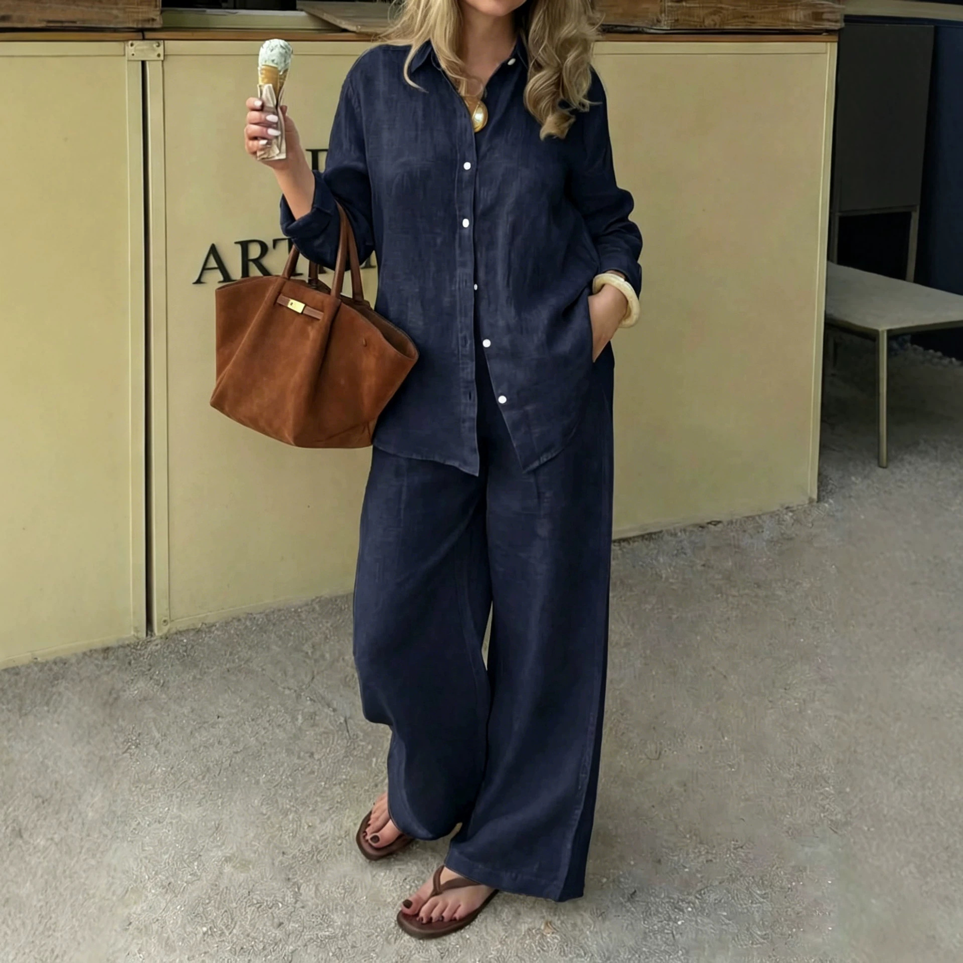 Simple Linen Two-piece Set With A Lapel And Long Sleeves 3